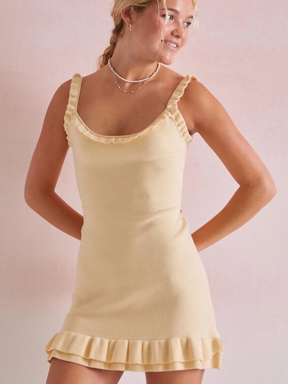 NWT PacSun Beverly and Beck Ruffled Mini Sweater Dress Butter Yellow Tie Dress